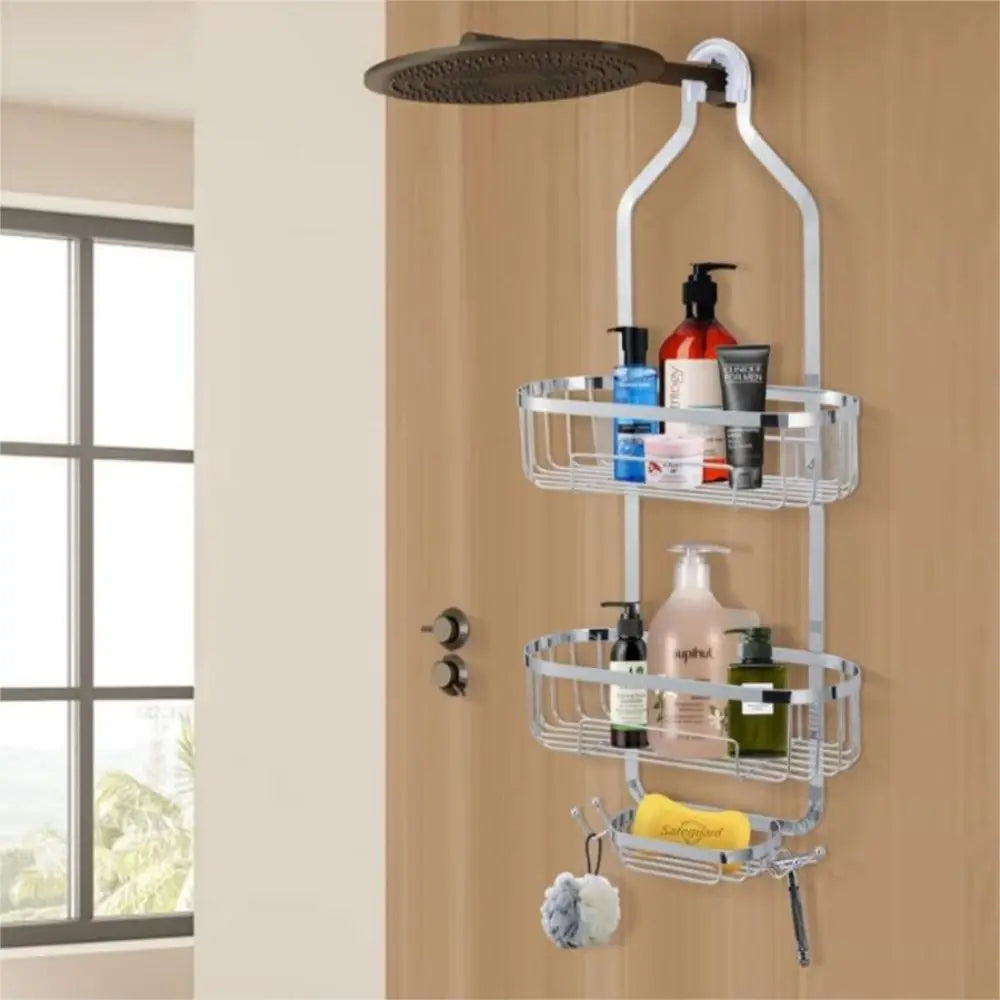 1pc Bathroom Hanging Shower Organizer, Over Head Shower Caddy Basket Anti-Swing,Detachable Bathroom Wall Mounted Shower Shelf