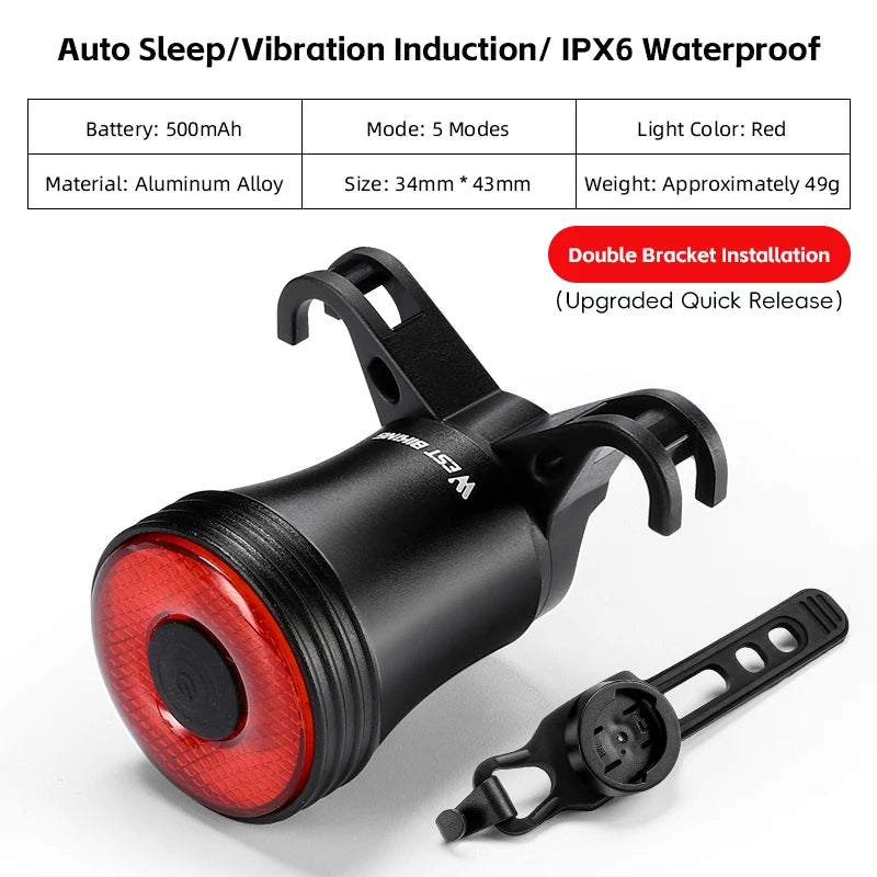 NEW 500mAH Bike Smart Induction Taillight Bright LED Lamp Beads Rear Light MTB Road Bike Waterproof Aluminum Alloy Tail Light Bicycle Lighting Accessories Sports Supplies