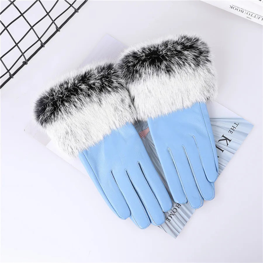 New Arrivals Women's Luxury Real Sheepskin Leather Gloves With Real Natural Rabbit Fur Cuffs Female Formal Evening Party Business Dinner Warm Gloves Fleece Lining Touch Screen Gloves Ladies Luxury Fashion Apparel Accessories