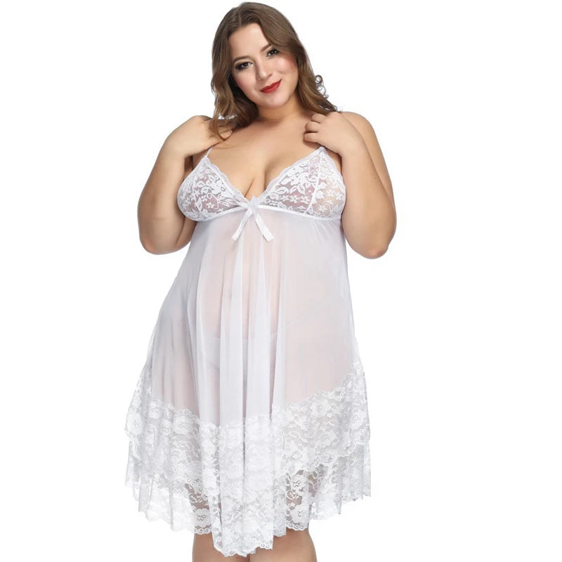 NEW Arrivals M-6XL Plus Size Red/White/Black Color Sexy Nightdress with Thong Hot Erotic Dress See-Through Lace Chubby Women Sleeveless Pajamas Sexy Dress Nightwear Underwear