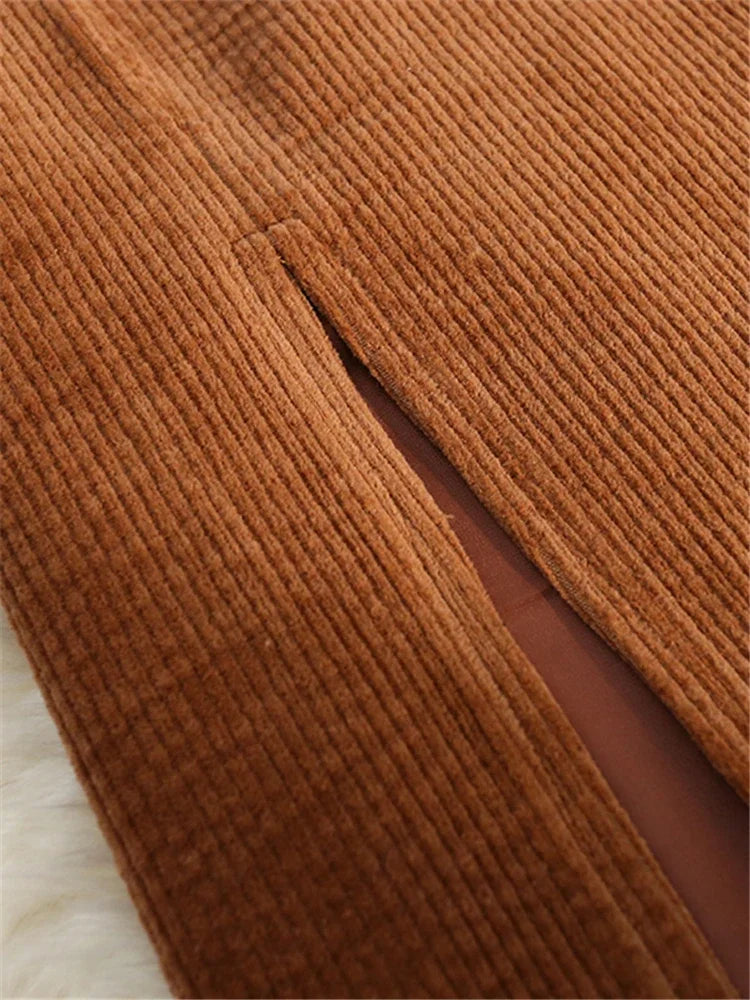 Autumn Winter Corduroy Women's Skirts with Belted New High Waist Straight Classic Front Split Skirts Ladies Female