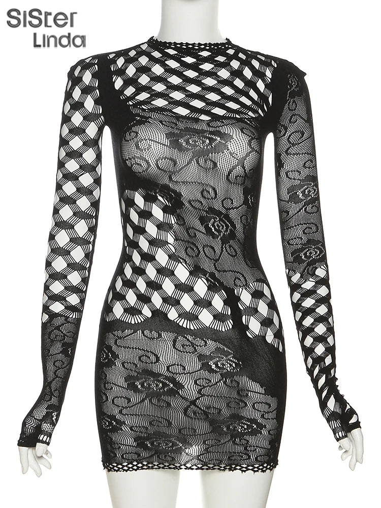 Sexy Mesh Lace Bodycon Mini Dresses Women Long Sleeve Skinny See Through Midnight Robe Female Party Clubwear Outfits