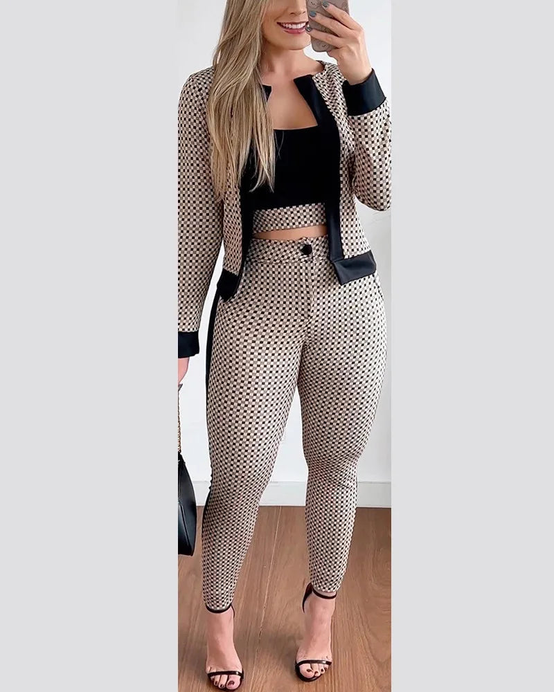 Sets Outfits Women Spring Autumn 3 Piece Set Plaid Print Crop Top & Pants Set With Coat Fashion Casual Elegant Female Set