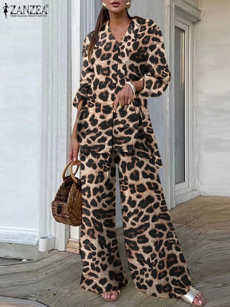 Plus Size Vintage 2PCS Pant Sets Summer Women Fashion Leopard Printed Casual Loose Tops and Pant Outfits Wide Leg Pant Sets