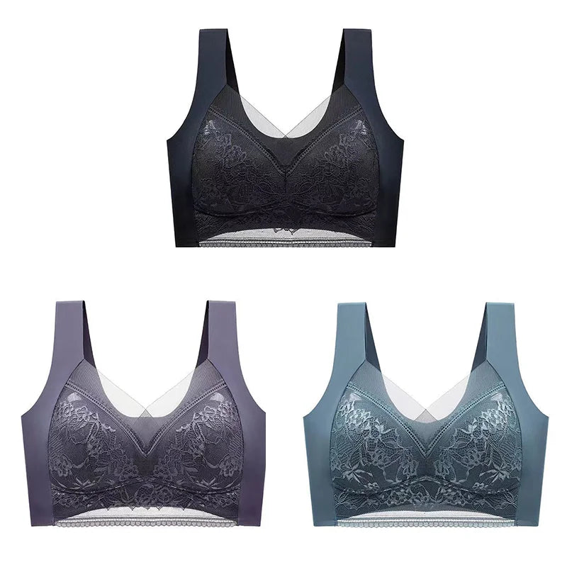 NEW Arrivals 3PCS Set L-(45-50KG) 5XL(100KG) Women Lace Bra Bralette Push Up Perspective Ice Silk Deep V Bra Sexy Lingerie Tops Plus Size Cup Mom's Underwear Chubby Ladies Underwear