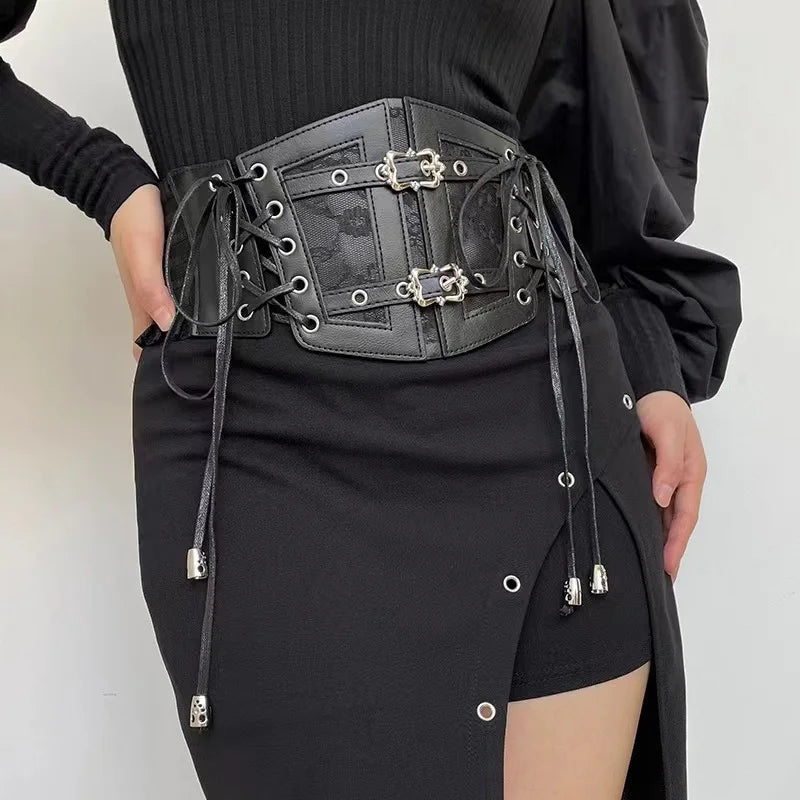 Lace straps, leather waist closure, women's decoration, shaping body, waist closure, black European and American vintage metal b