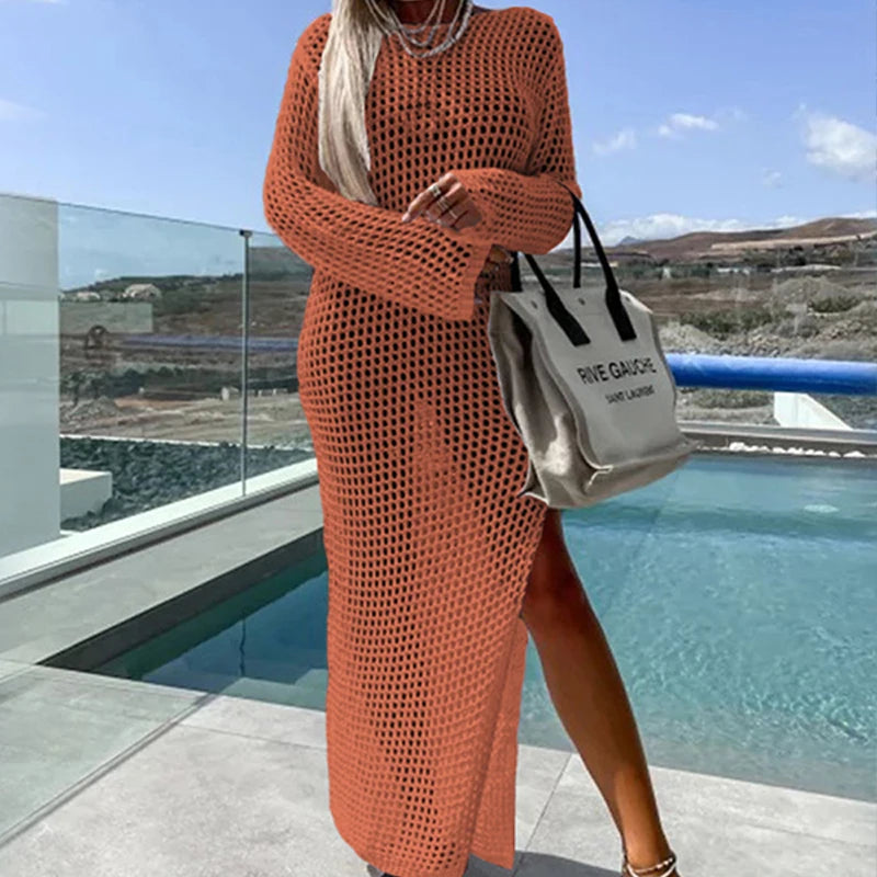 NEW 5 Colors Beach Rave Party Sexy Perspective Handmade Knit Round Collar Long-Sleeve Lacing Solid Bikini Swimsuit Cover Up Long Split Dress See Through Bikini Swimwear Sexy Cover Up Dress