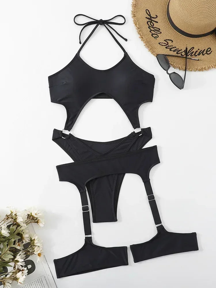 NEW Arrivals Sexy Hot Halter Tummy Cut Out Swimsuit With Garter Female Monokini Swimsuit Women Swimwear High Cut Bather Bathing Suit Swim Bodysuit