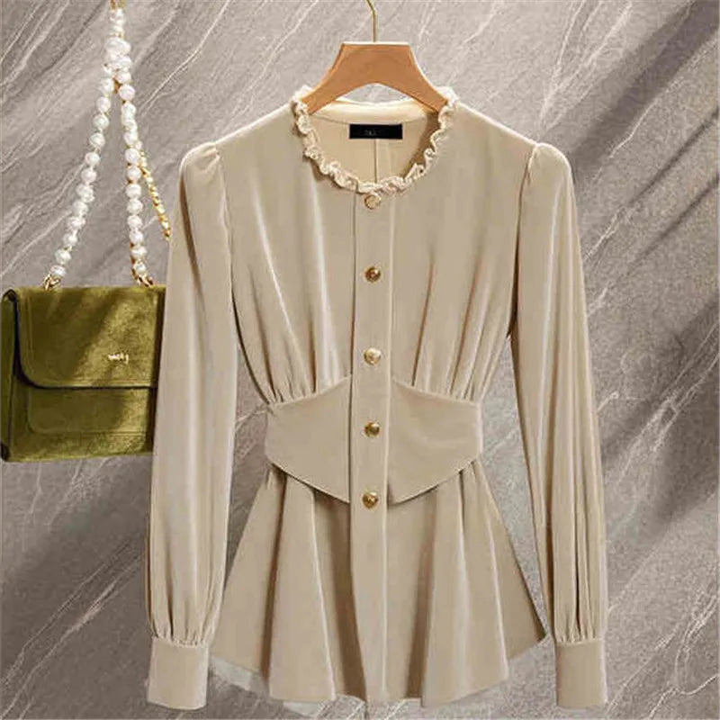 NEW Arrivals M-3XL UK Plus Size Blue/Brown French Light Luxury Blue Velvet Blouse Spring Autumn Winter Ruffle Collar Top Women Design Slim Waist Shirts Office Lady 571P