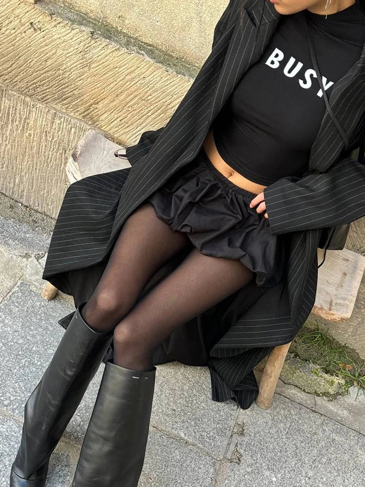 NEW 2PCS Set Black/Red Color Hottie Casual Set Women Mini Skirts Shorts Sleeve Crop Tops +Puffy Skirt Simple Basic Matching Streetwear Outfits