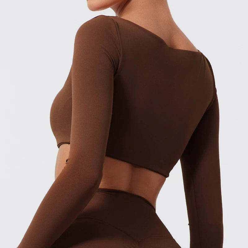 NEW Arrivals S-XL 7 Colors Quick Dry Square Neck Activewear Women Gym Top Women Fitness Sports Crop Top Female Casual Long Sleeve Yoga Clothes