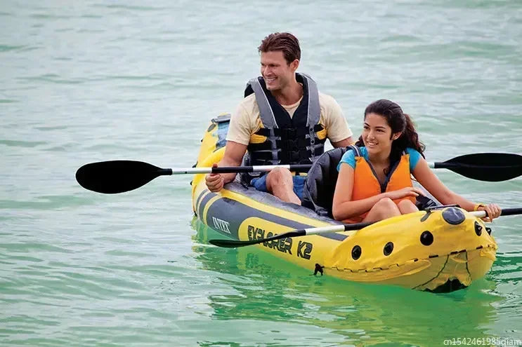 NEW 2 Persons Full Set + Life Jackets Inflatable Kayak Boat Rubber Boat Drifting Single Adjustable Double Assault Boat Drifting Kayak Outdoor Fishing Beach Sea River Boat Sports Supplies