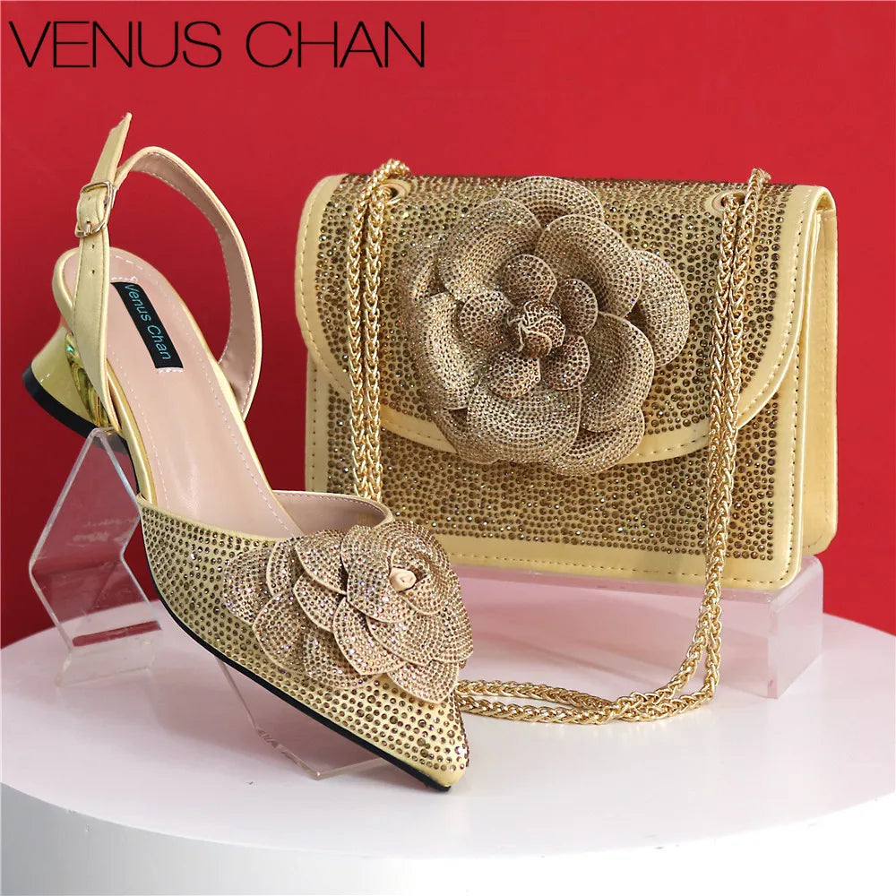 Italian Design Handmade Silver/Green Peach Color Elegant Lady Shoes And Bag Set with Rhinestones Embellished Pearls-knot Wear-Resistant And Comfortable Heel Evening Wedding Party Shoes Ladies Luxury Fashion Clothing Supplies