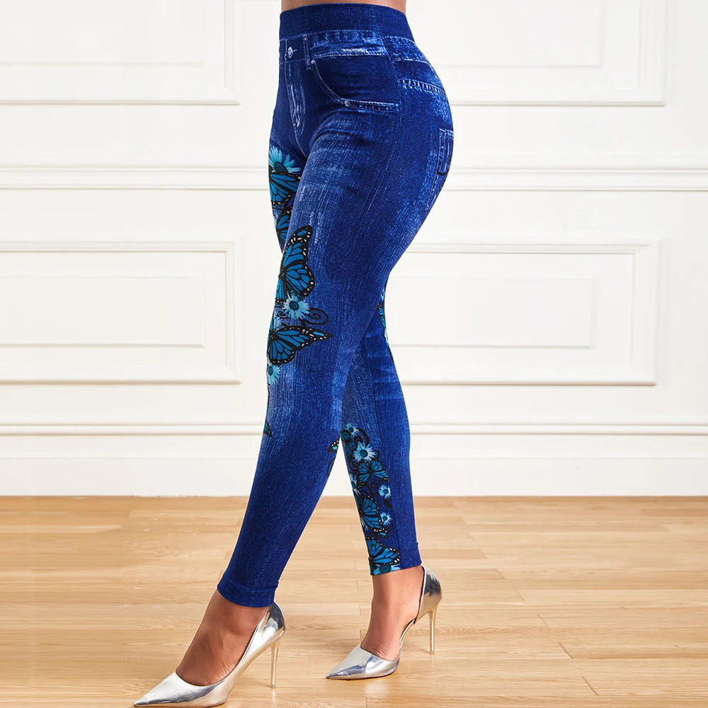 Plus Size Oversized Women High Waist Stretchy Legging Denim Look Skinny Leggings Ladies Fashion Print Pencil Pants Clothing