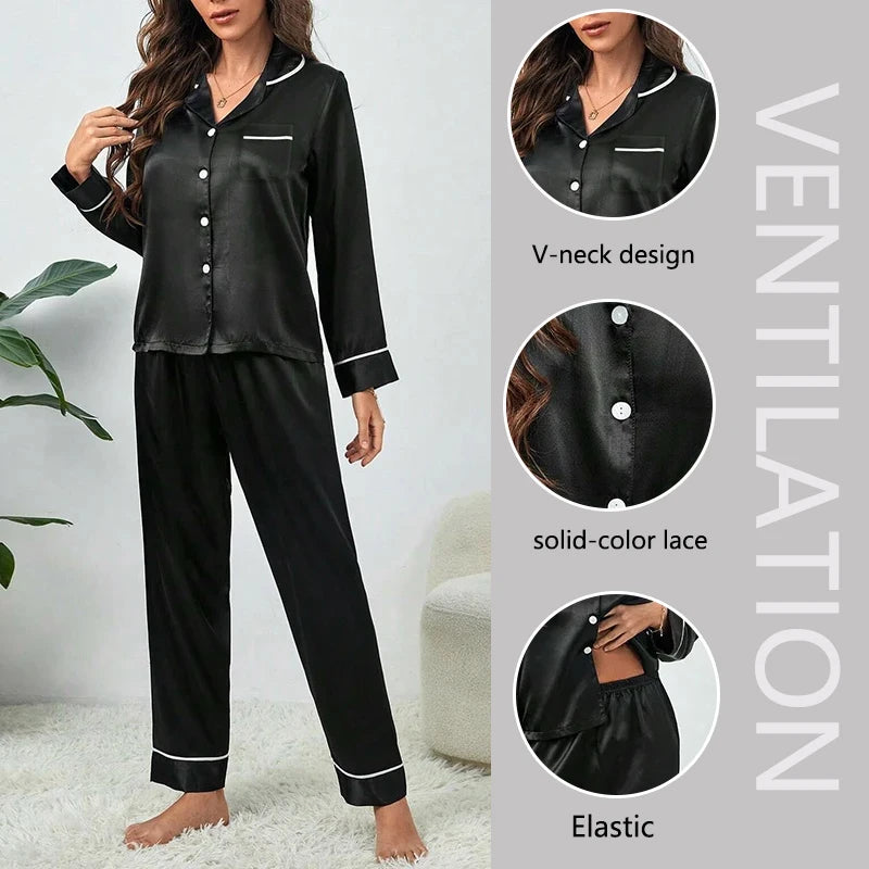 2PCS Set M-5XL Plus Size Ice Silk Pajamas Women Long-Sleeved Solid 8 Colors Loose Home Wear Ladies Comfortable Sleepwear Nightwear Ladies Girls Luxury Fashion Nightwear Supplies