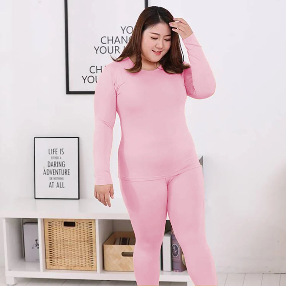 XL-6XL Plus Size Thermal Set Curvy Women Long Johns Set Solid Warm Thermal Underwear Thermal Long Sleeve Pants Pajamas Set Winter Home Clothes