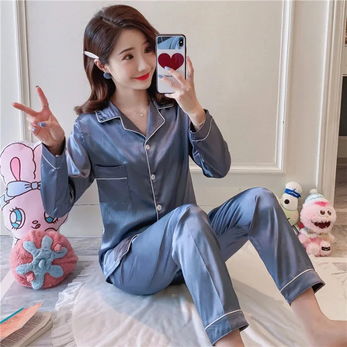 2PCS Set M-5XL Plus Size Ice Silk Pajamas Women Long-Sleeved Solid 8 Colors Loose Home Wear Ladies Comfortable Sleepwear Nightwear Ladies Girls Luxury Fashion Nightwear Supplies