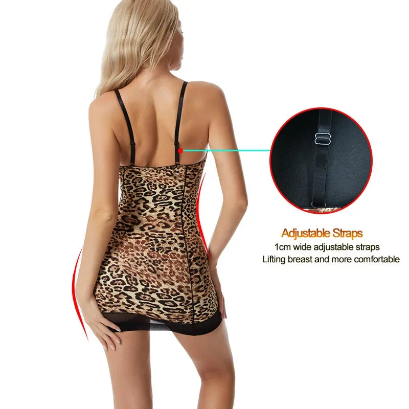 NEW S-2XL Sexy Leopard Shapewear Tank Top Slim Fit Base Layer Skirt Body Shaping Dress Strap Sleepwear Comfortable Underwear Ladies Nightdress