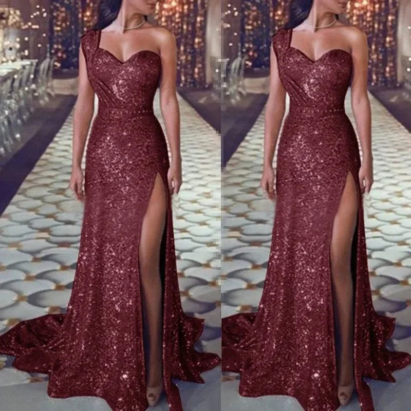 NEW Arrivals M-4XL 8 Colors Women's Wedding Party Dress Evening Elegant Sexy Deep V-Neck One Shoulder Sleeveless Sequined Long Maxi Dresses Ladies Luxury Fashion Clothing Products