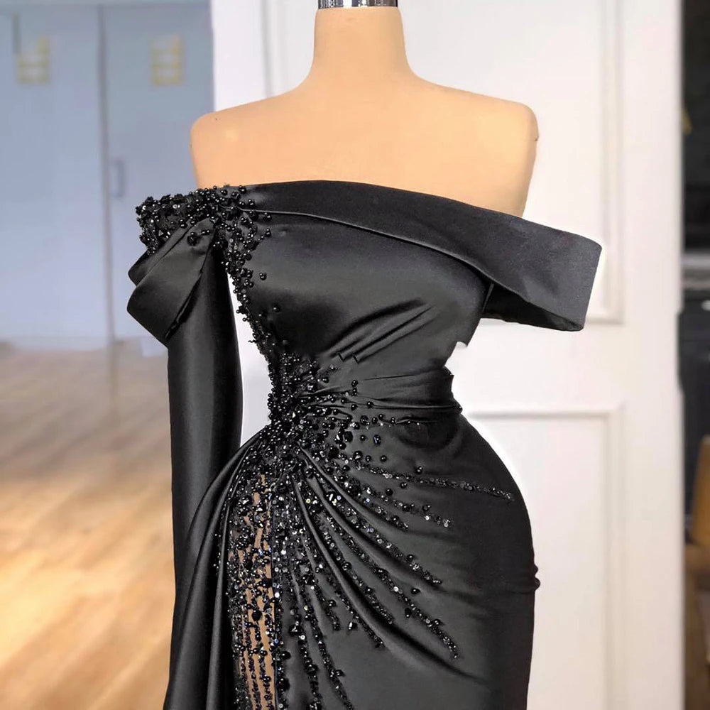 Lily Off-shoulder Black Pageant Party Gown Luxury Pearls Evening Dress Formal Mermaid Sexy Prom Dress Custom