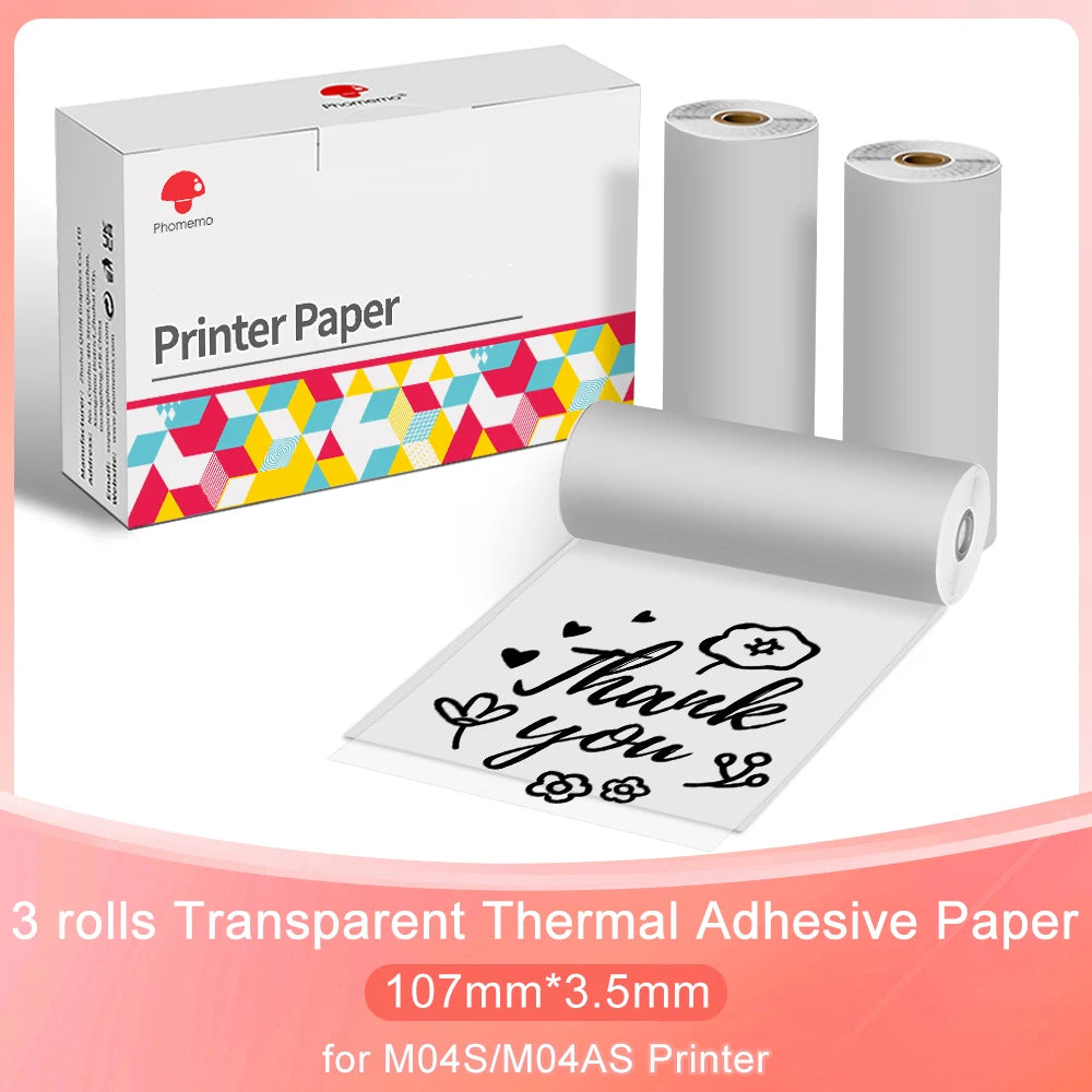 NEW Arrivals 3 Rolls Set Original PHOMEMO Adhesive Transparent Thermal Paper Clear Adhesive Thermal Sticker Paper for M04S/M04AS Bluetooth Printer 110mmx3.5m