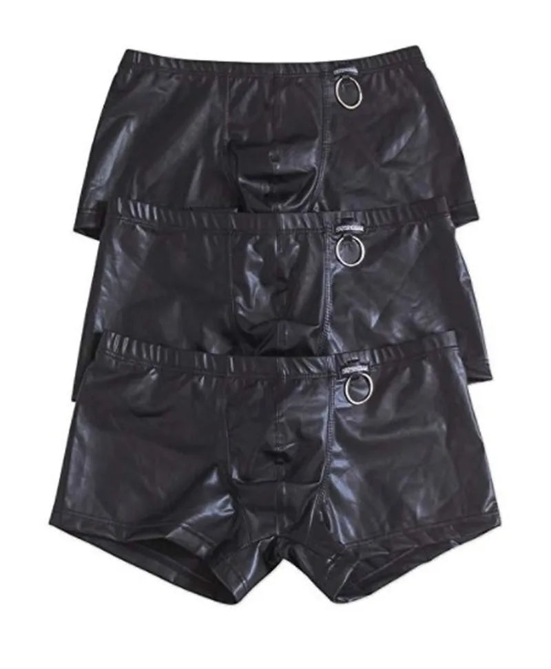 3PCS/Lots Mens Faux Leather Briefs Lingerie G-string Thongs Underwear Sexy Low Rise Bikini Convex Pouch Underpants Boxer Panties