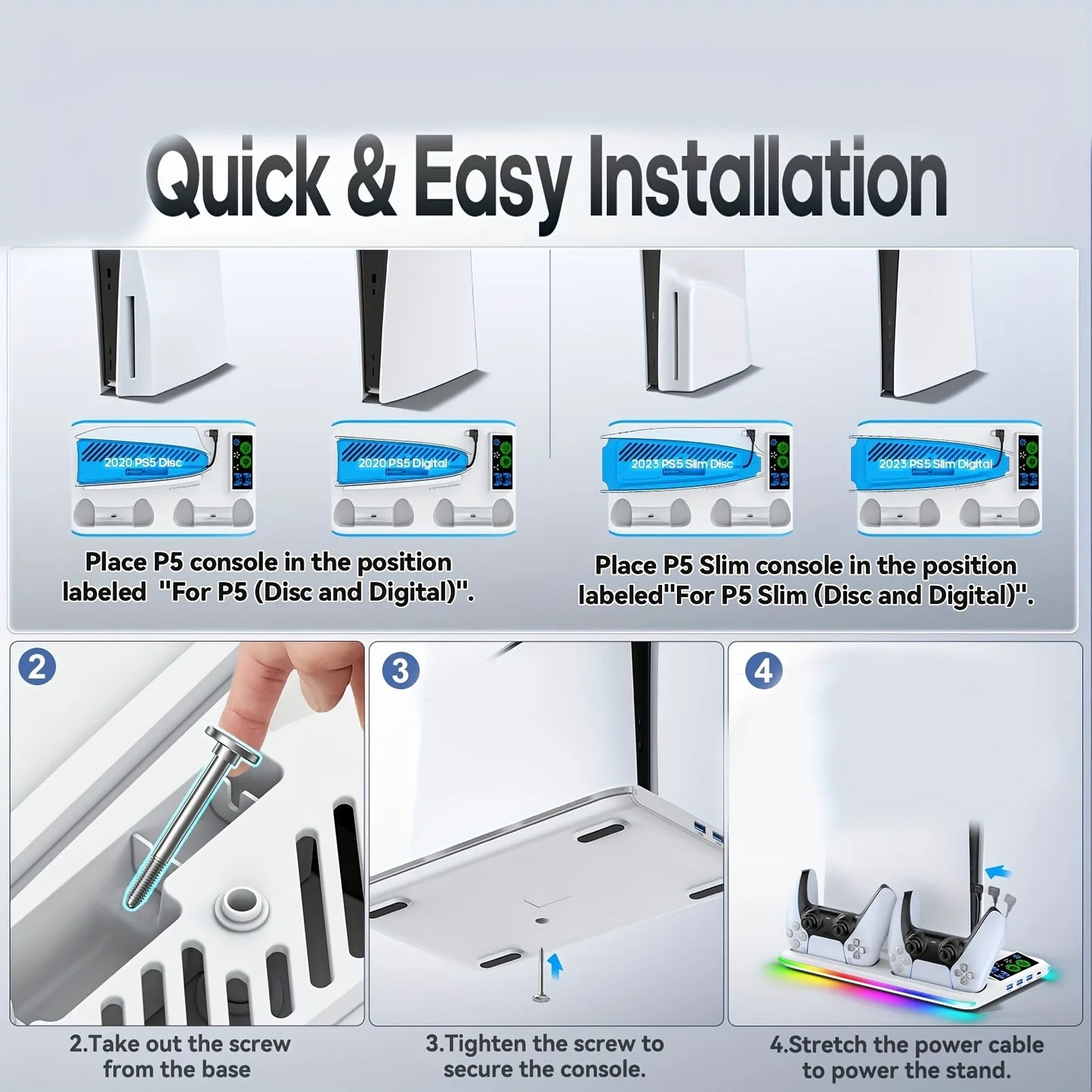 NEW Arrivals for PS5/PS5 Slim Stand with Headphone Hook Cooling Stand with Controller Charging Dock Station With 3 Levels Cooling Fan Computer Video Games Accessories Electronic Supplies