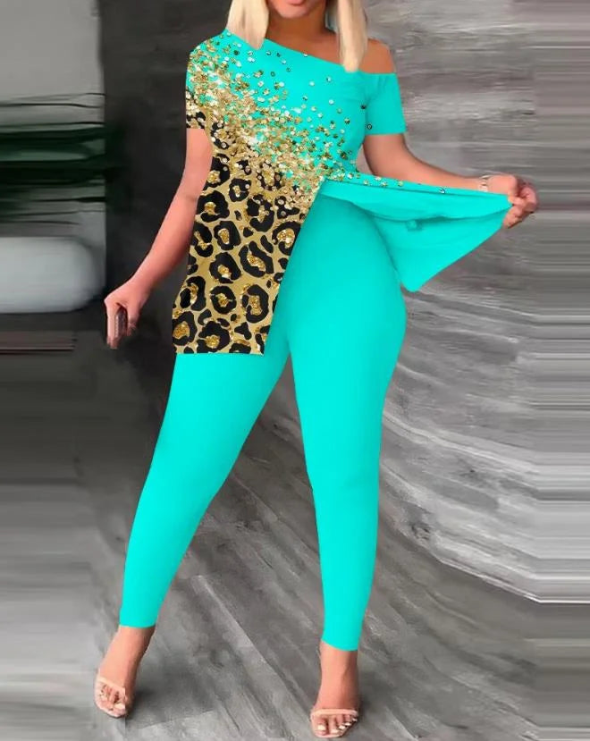 New Fashion Summer Casual 2PCS Set Women Female Evening Beach Party Night Club Outfit Contrast Leopard Skew Neck Slit Sexy Top & Pants Set Ladies Girls Luxury Fashion Clothing Supplies