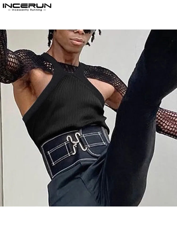 Fashion Casual Men Vest Camiseta Suit 2 Pieces Sexy Leisure Male Short Vests Hollow Breathable Mesh T-shirts S-5XL INCERUN 2023