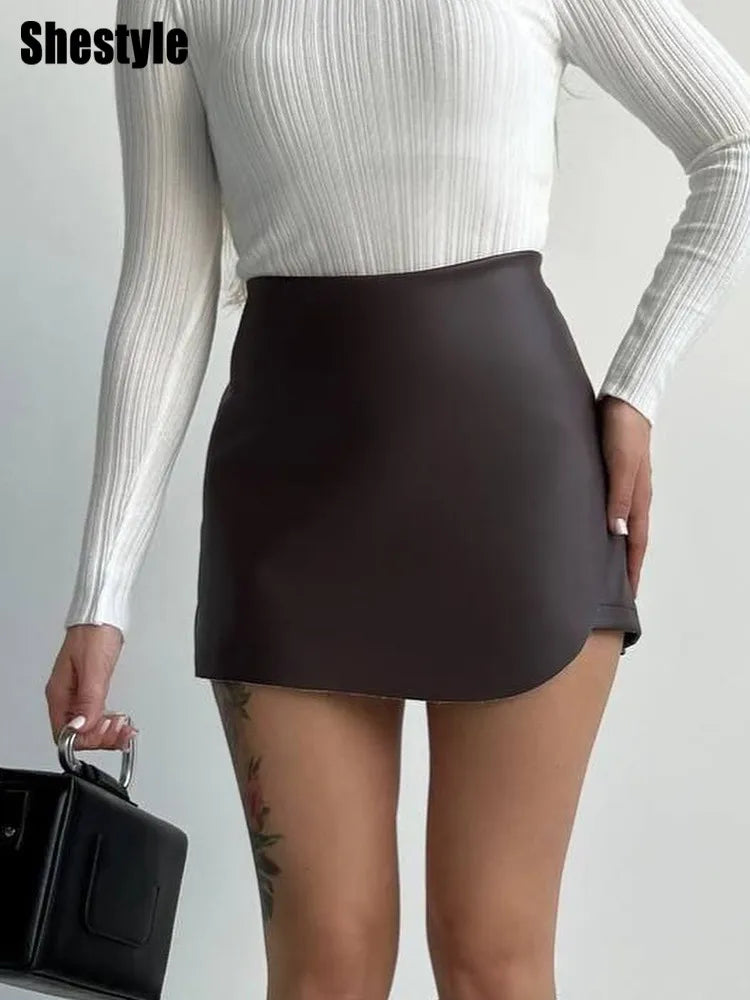 NEW Arrivals Silver/Brown/Black Women Shorts High Waist Sexy Elegant PU Leather Skirts Office Lady A-Line Asymmetrical Bottom Evening Party Night Clubwear Workwear Girls Sexy Apparel Accessories