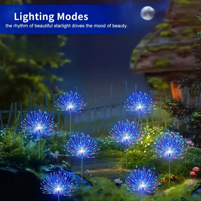 NEW Arrivals 4PCS Set Solar Garden Lights 200LED Waterproof Outdoor Lighting with Installation Hardware Firework Lights for Pathway Lawn Christmas Holiday Decoration Supplies