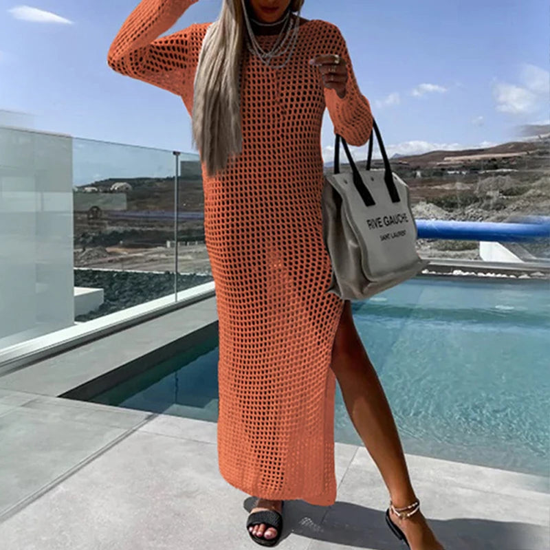NEW 5 Colors Beach Rave Party Sexy Perspective Handmade Knit Round Collar Long-Sleeve Lacing Solid Bikini Swimsuit Cover Up Long Split Dress See Through Bikini Swimwear Sexy Cover Up Dress