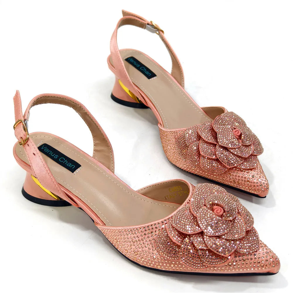Italian Design Handmade Silver/Green Peach Color Elegant Lady Shoes And Bag Set with Rhinestones Embellished Pearls-knot Wear-Resistant And Comfortable Heel Evening Wedding Party Shoes Ladies Luxury Fashion Clothing Supplies