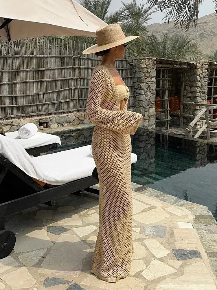 NEW Arrivals UK Size 7 Colors Sexy U-Neck Bell Sleeve Knit Handmade Maxi Dress Summer Women Swimwear Feminine Bikinis Cover-Ups Holiday Crochet Beach Ladies Outfit K21