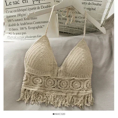 NEW Arrivals Handmade Sexy Crop Tops Retro Wild Hollow Perspective Tassel Sexy Spaghetti Strap Tanks Top Women Built In Bra New Back Lace Halter Neck Ladies Girls Summer Beach Party Tops