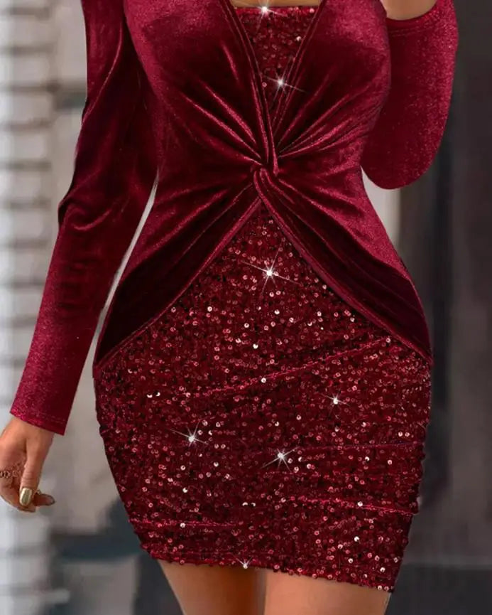 NEW Arrivals UK S-2XL Size Women Dresses Autumn Spring Italian Fashion New Asymmetrical Neck Long Sleeve Velvet Contrast Sequin Twisted Sexy Evening Party Night Club Outfit Mini Bodycon Dress