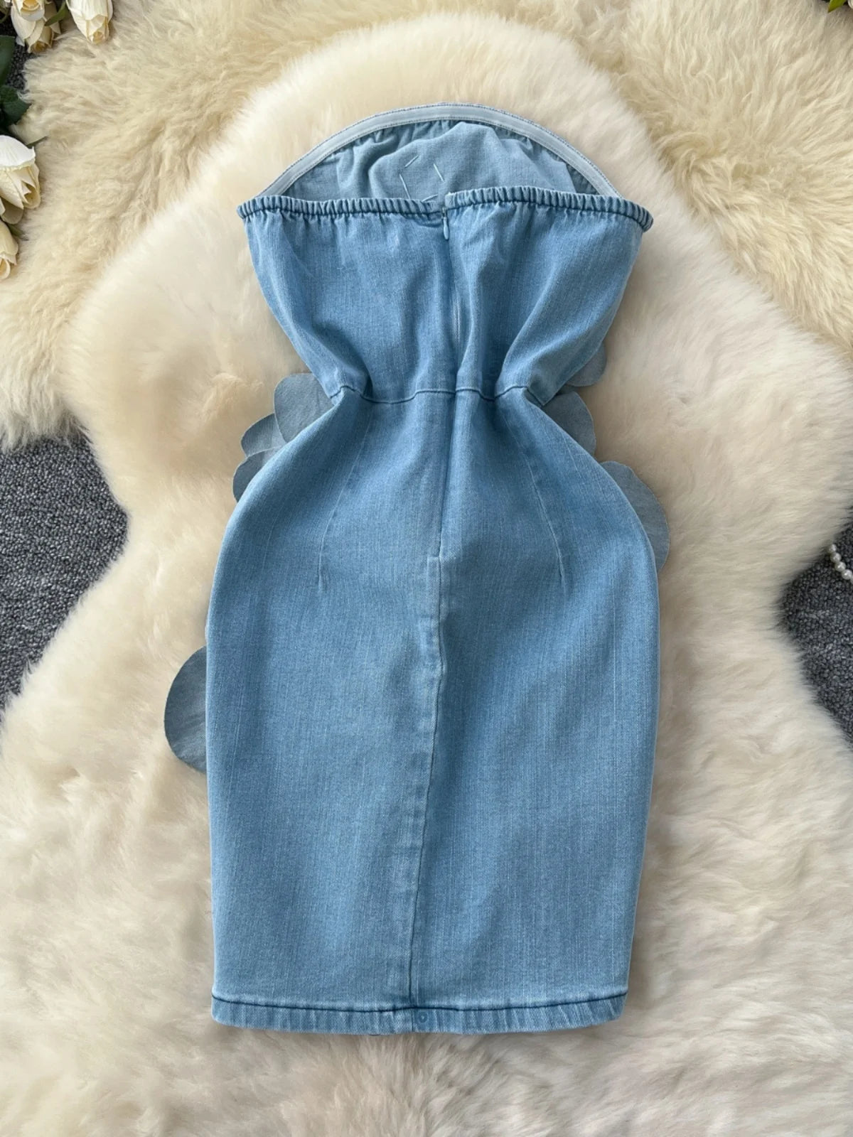 NEW Arrivals S-2XL UK Plus Size Elegant 3D Flower Rose Short Party Dresses Women Summer Holiday Sleeveless Strapless Corset Blue Denim Jeans Dress Mini Dress