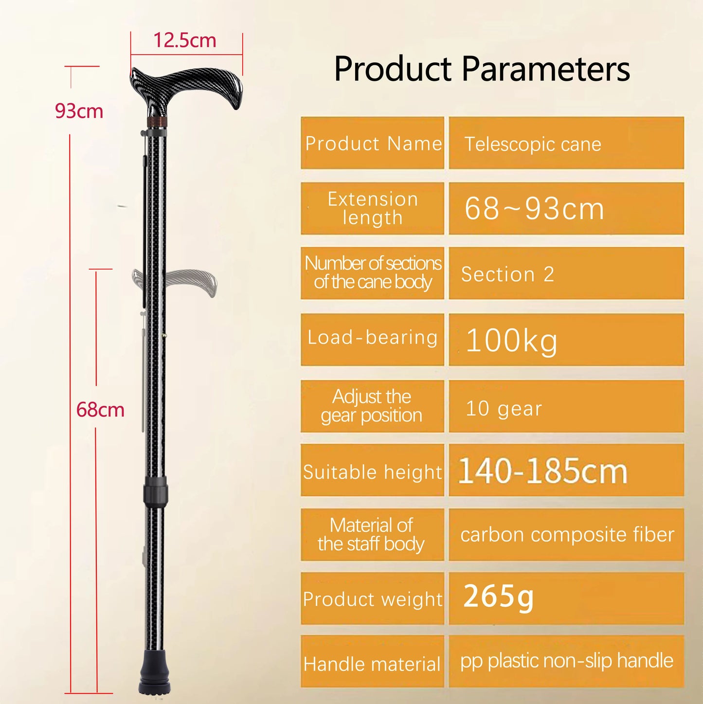 Ultra-Light Retractable Carbon Fiber with Lamp Handle Night Hiking Booster Walking Anti-Slip Breaking Four-Legged Stable Armrest Stick Column Stick Device