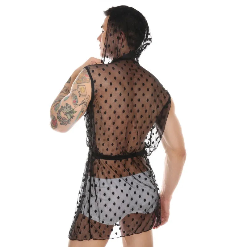 Lingerie Men Lace Hooded Night Robe Nightshirts Exotic See Through Slip Homme Hoodies Bathrobes Gay Nightrobe Robes Nightwear