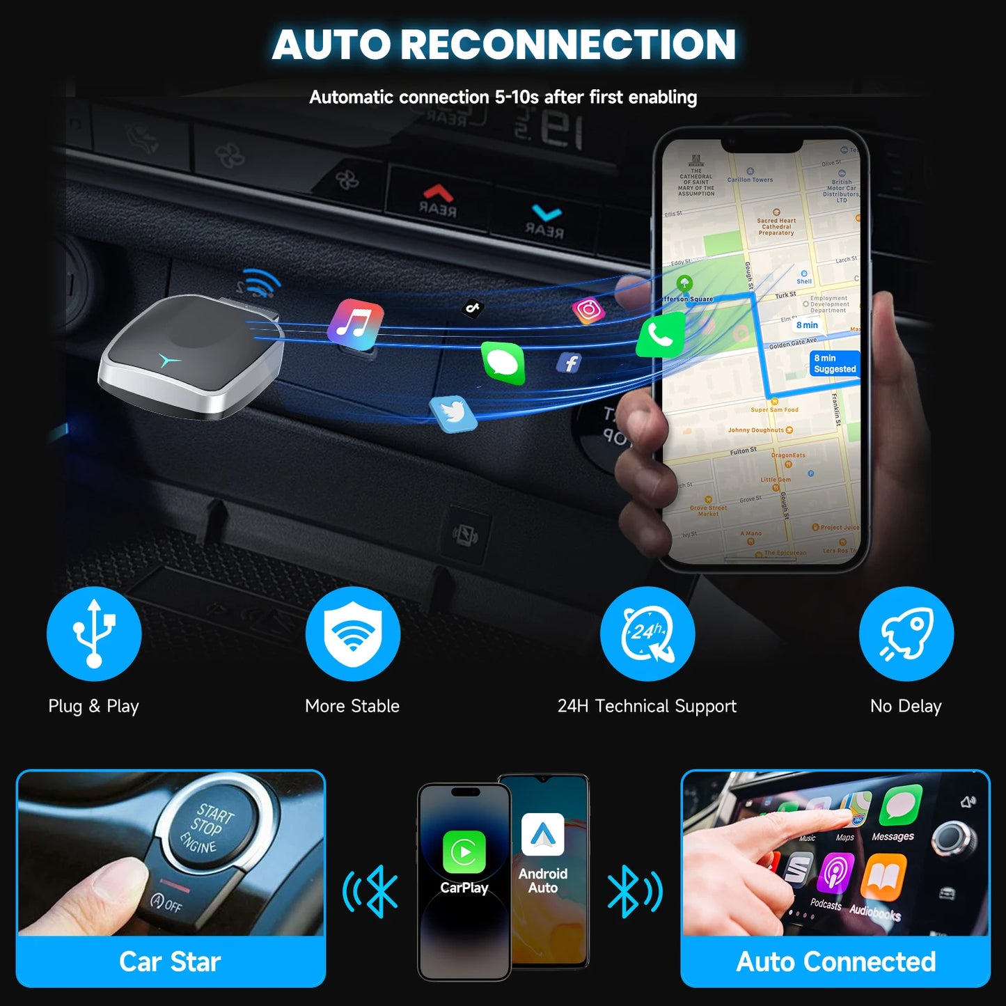 NEW Arrivals 2-in-1 Wired to Wireless CarPlay Adapter & Android Auto Wireless Adapter Plug & Play