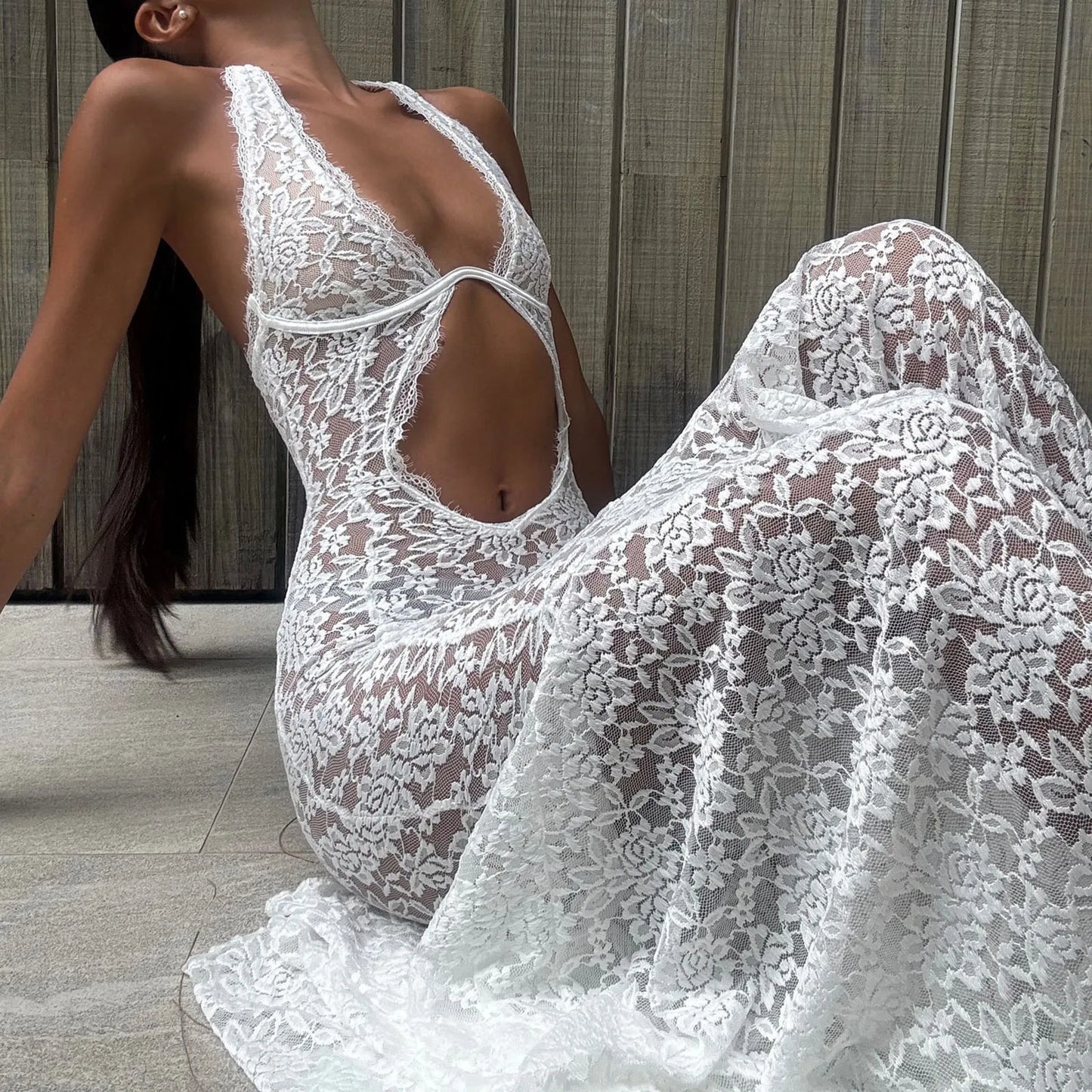 NEW Women's Handmade Sexy Lace Hollow Sexy Halter Dress Stylish Solid Mesh Lace Floral See Through Slim Fit Long Bodycon Fishtail Dress