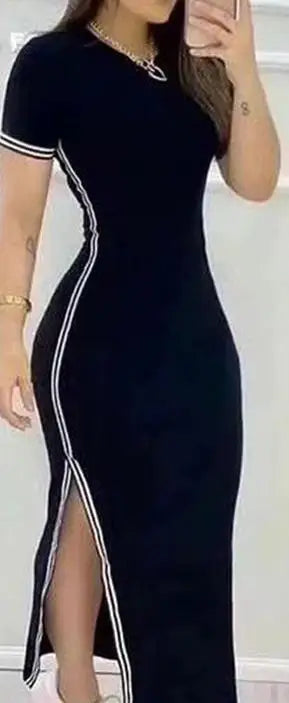 Women Dresses Summer Fashion Striped High Slit Casual O-Neck Short Sleeve Daily Skinny Maxi A Line Dress Woman Clothing