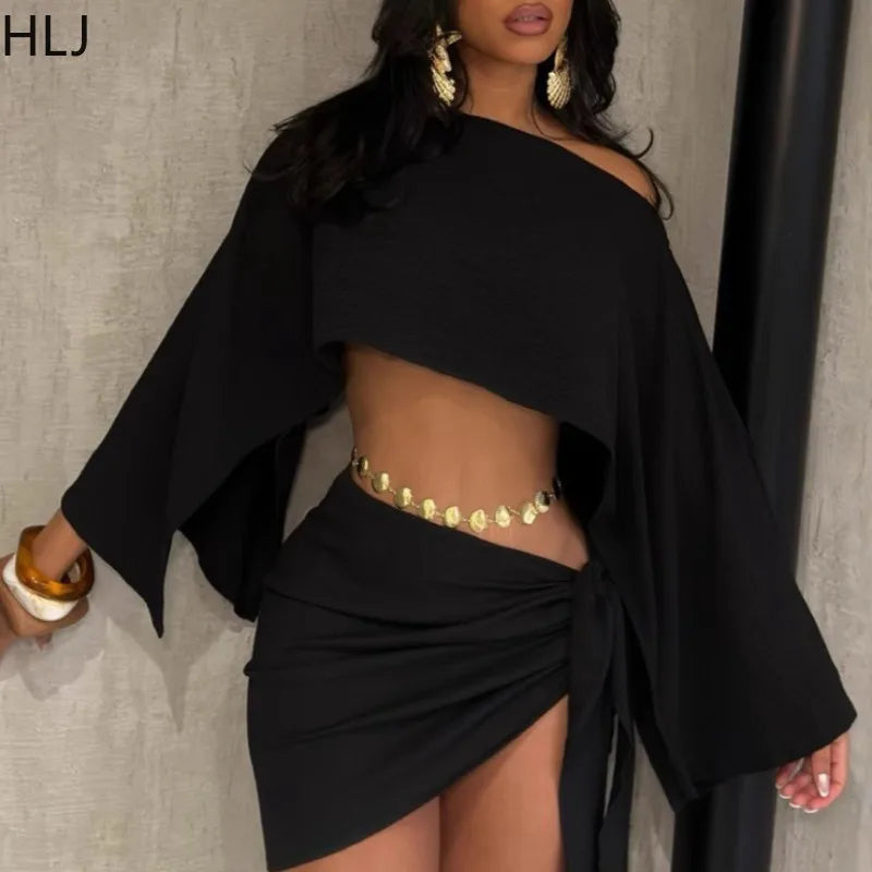 NEW 2PCS Set S-2XL 4 Colors Elegant Off Shoulder Sexy Outfits Woman Summer One Shoulder Flared Sleeve Loose Crop Top and Skirt Suit Streetwear Summer Beach Bar Nightclub Suit