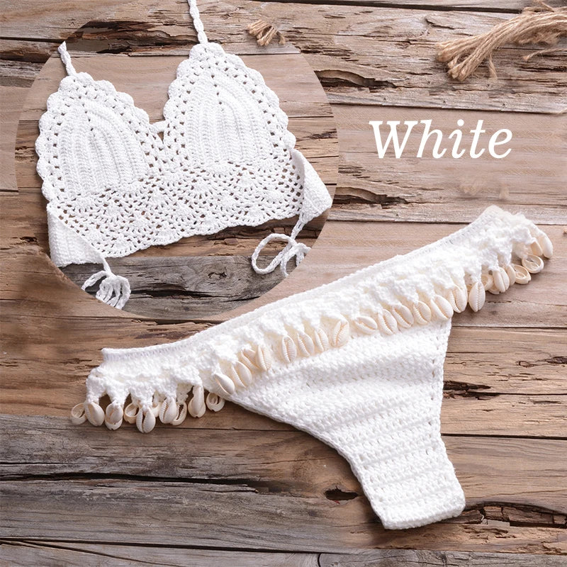 NEW Arrivals 10 Colors Handmade Sexy Women Large Size Swimwear Knitted Halter Bikini Top Bra Sexy Beach Swimsuit Hollow Bathing Suit Bikini Set Push Up Swim Thongs