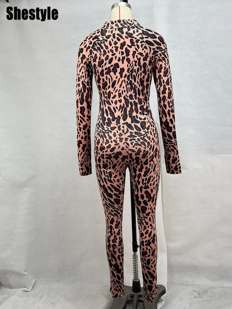 NEW Arrivals UK Size Brown Leopard Zip Up Jumpsuits for Women Skinny Mock Neck Sexy Hand Hole Rompers Fitness Outwear Girls Ladies Sports Casual Fashion Apparel Supplies