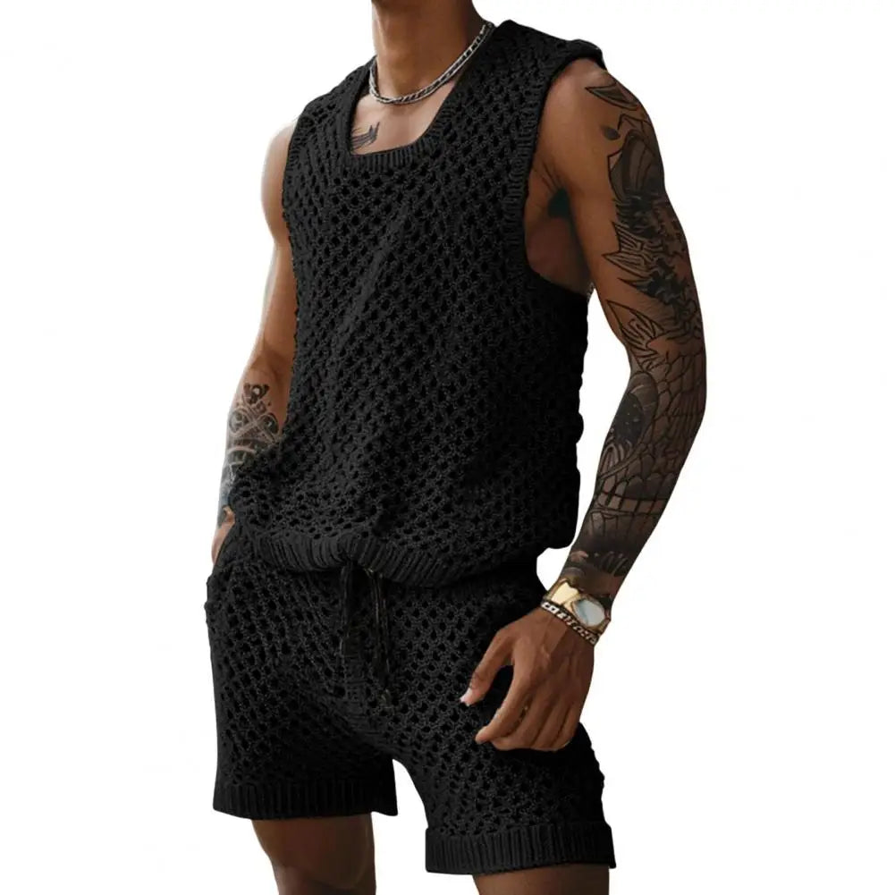 NEW 2PCS Set L(50-70Kg) XL(80-100+Kg) Vest Shorts Set Men's Casual Sleeveless Knit Top Drawstring Shorts Set for Daily Wear Elastic Waist Wide Leg Shorts for Men's