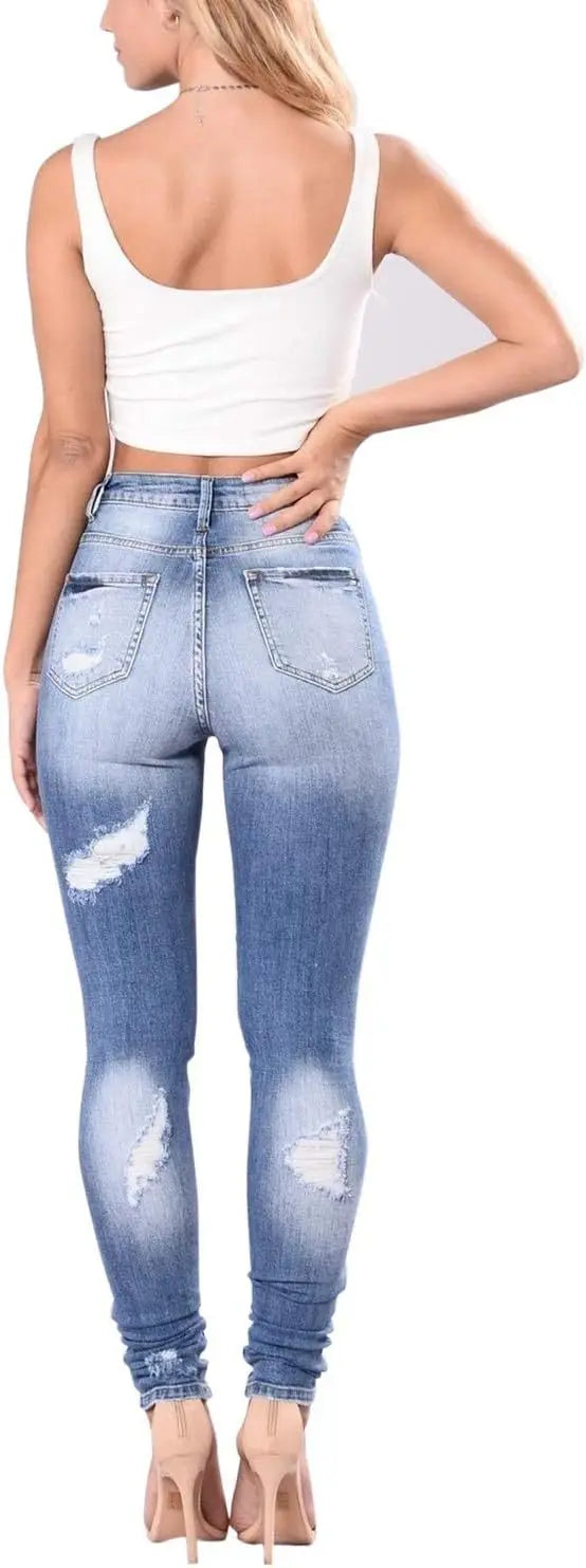 S-2X Plus Size Trendy Women's High-Waisted Slim Fit Denim Jeans Cross-Border Style Pencil Long Jeans Tear Hole Design Elegant Commute Girls Casual Spring Streetwear Apparel Supplies