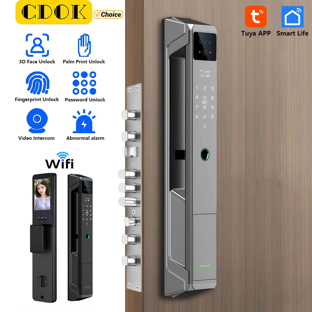 NEW Arrivals P8 TUYA App Wi-Fi Smart Lock, 21 Languages, Remote Video Call Intercom, Face-Palm IC Card Unlock, Black/Gray Anti Theft Top Quality Security System Home Apartments Office Security Supplies