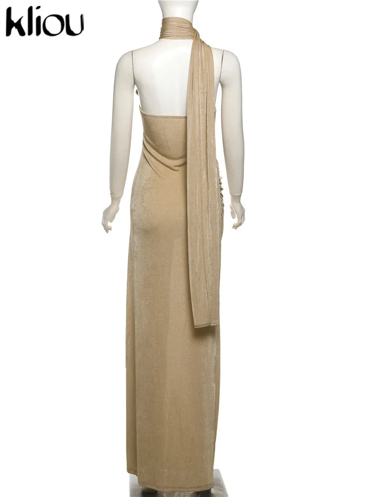 NEW Arrivals Luxury Slash Neck Ribbons Women Girls Dress Hipster Elegant Incline Shoulder Pleated Sleeveless Slim Long Robe High Street Frock Evening Wedding Birthday Party Business Dinner Night Clubwear Female Ladies Luxury
