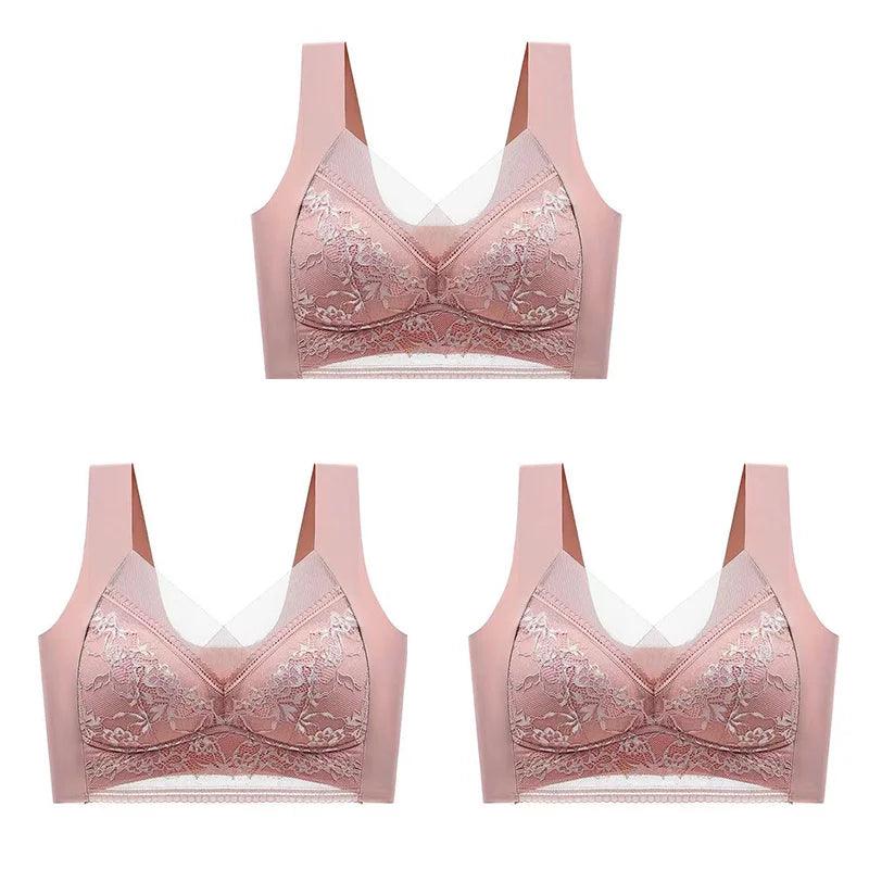 NEW Arrivals 3PCS Set L-(45-50KG) 5XL(100KG) Women Lace Bra Bralette Push Up Perspective Ice Silk Deep V Bra Sexy Lingerie Tops Plus Size Cup Mom's Underwear Chubby Ladies Underwear